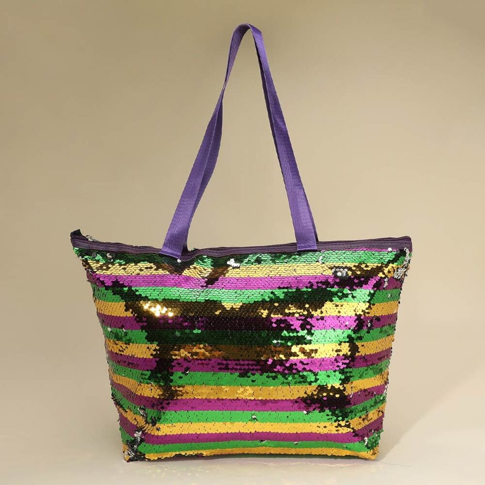 Purple Green Gold Sequin Stripe Mardi Gras Tote Purse Shoulder Bag